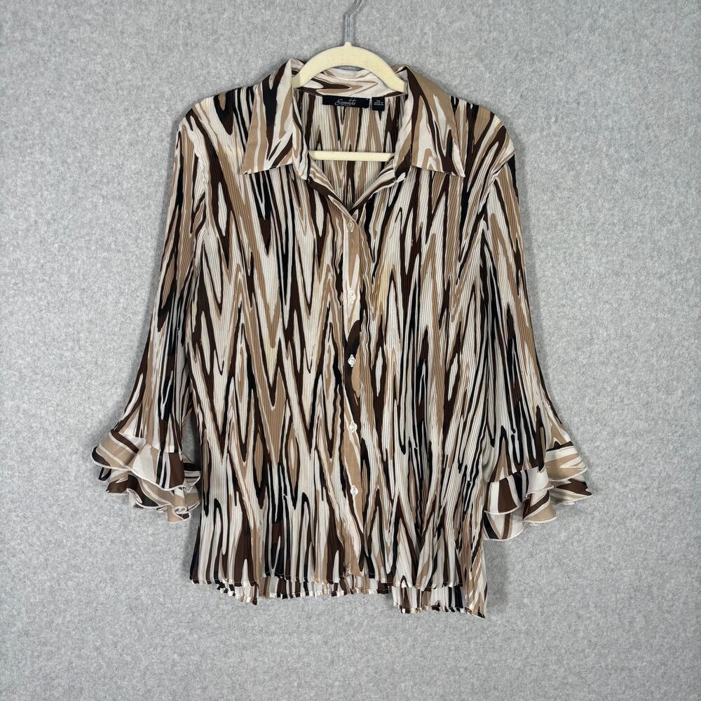 Vintage‎ 90s Crinkle Sheer Blouse XL Ruffle Artsy Abstract Neutrals Siren Loud